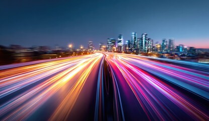 Long exposure shot of car lights blurring across highways towards illuminated city skyscrapers