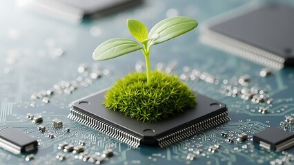 Green Sprout Growing on Microchip for Eco-Friendly Technology and Sustainable Electronic Innovation Concept