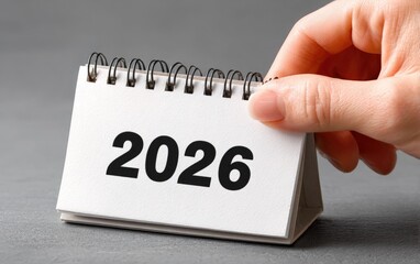 A person's hand flips a calendar to reveal the year 2026