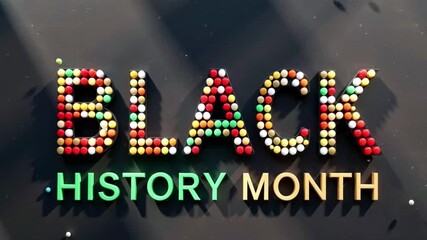 3D Render of Black History Month Typography with Colorful Spheres and Modern Text on Dark Background