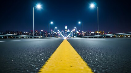 Expansive asphalt highway stretching towards a glowing cityscape at night, symbolizing travel, progress, and urban journeys.