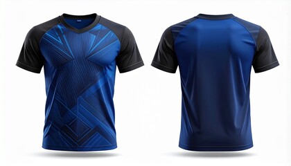 Blue athletic jersey with black sleeves and geometric pattern front and back view