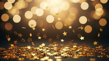 Festive golden star confetti background with elegant warm bokeh lights for holiday celebration, New Year, and Christmas party invitation design.