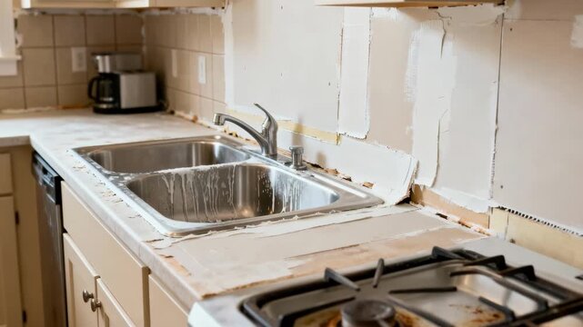 Medium shot showing a kitchen renovation with moistureresistant drywall focusing on areas prone to humidity like behind sinks and near cooking zones.