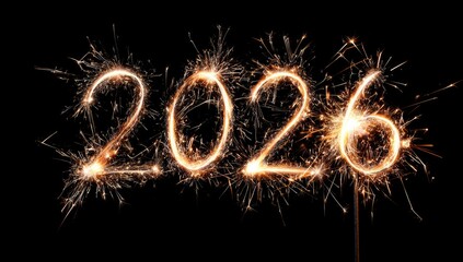 Sparkling year of 2026 written in fiery light on a black background, perfect for celebrations