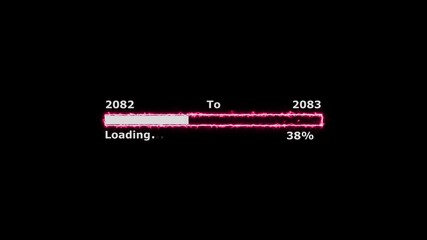 Loading 100 percent complete progress bar digital interface technology modern design white color animation. New year 2082 to 2083 loading animation. Neon bright rectangle frame black background.