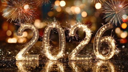 Sparkling 2026 numerals with fireworks against a blurred background of festive lights