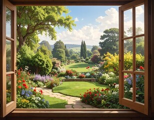 View through a window of a vibrant garden, lush green lawn, blooming flowers, and rolling hills