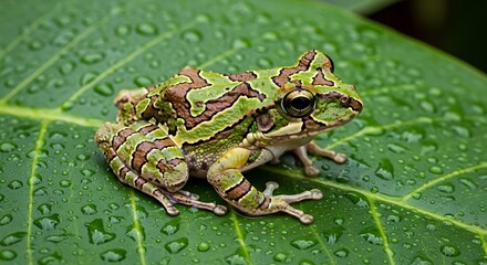 Obraz premium Camouflaged Splendor - A Mission Golden-Eyed Tree Frog on a Leaf.