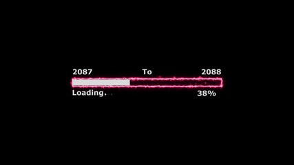 Loading 100 percent complete progress bar digital interface technology modern design white color animation. New year 20867 to 2088 loading animation. Neon bright rectangle frame black background.