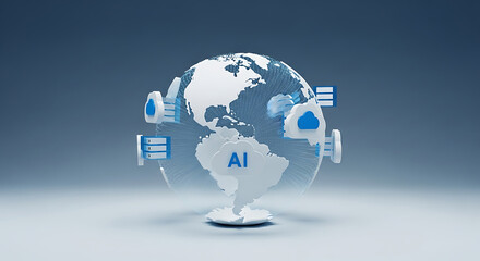 Globe with ai text and cloud icons representing artificial intelligence and cloud computing technology