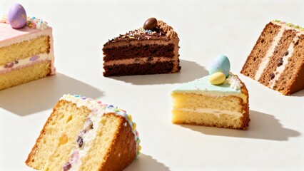 Assorted cake slices on white background representing Easter food, traditional Easter recipes, global Easter dishes, spring feast, meal, baking, ethnic holiday foods, sweet Easter bread, lamb roast, d