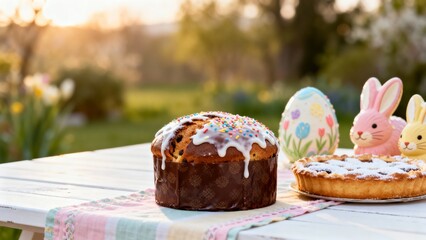 Easter cake outdoors with bunny figures representing Easter food, traditional Easter recipes, global Easter dishes, spring feast, meal, baking, ethnic holiday foods, sweet Easter bread, lamb roast, de