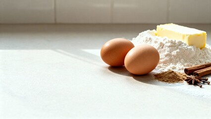 Eggs and butter on sunlit surface representing Easter food, traditional Easter recipes, global Easter dishes, spring feast, meal, baking, ethnic holiday foods, sweet Easter bread, lamb roast, desserts