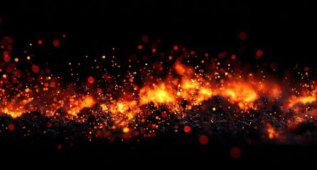 Fiery abstract horizontal scene with glowing orange and red sparks and embers against black