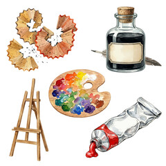 21. Watercolor Art Supplies Vector Set: Palette, Easel, Paint and Ink Isolated