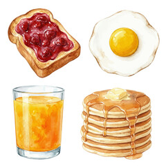 Watercolor breakfast food set with pancakes egg juice and toast isolated vector illustration