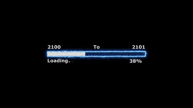 Loading 100 percent complete progress bar digital interface technology modern design white color animation. New year 2100 to 2101 loading animation. Neon bright rectangle frame black background.