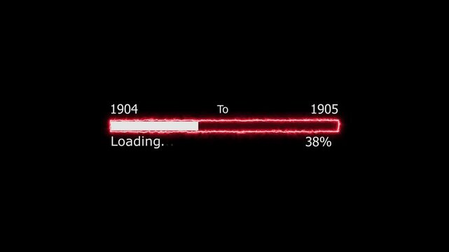 Loading 100 percent complete progress bar digital interface technology modern design white color animation. New year 1904 to 1905 loading animation. Neon bright rectangle frame black background.