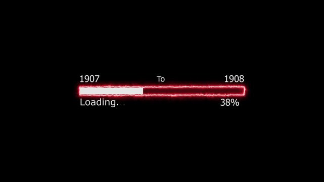 Loading 100 percent complete progress bar digital interface technology modern design white color animation. New year 1907 to 1908 loading animation. Neon bright rectangle frame black background.