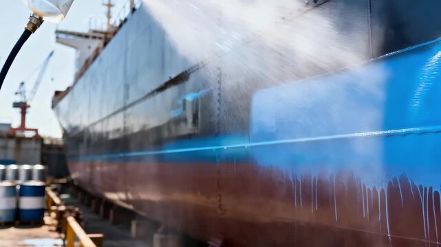 Medium shot capturing a ceramic coating spray being evenly distributed on a ships exterior showcasing advanced heat and corrosion protection.
