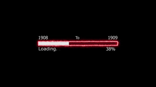 Loading 100 percent complete progress bar digital interface technology modern design white color animation. New year 1908 to 1909 loading animation. Neon bright rectangle frame black background.