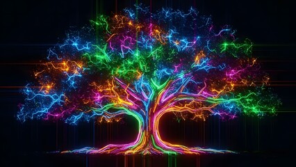 Abstract digital art of a majestic tree with glowing neon branches and vibrant colorful fiber optic roots on a black background