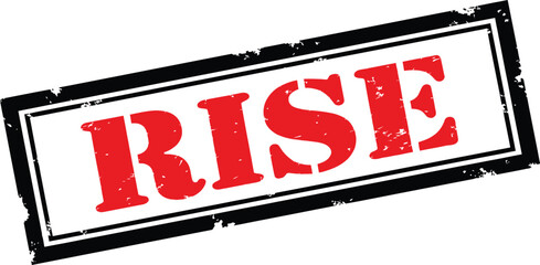 A striking rectangular stamp displaying the word rise in bold red letters against a white background
