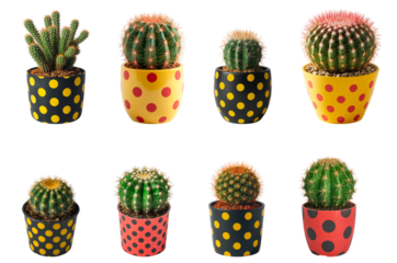 Beautiful cactus in a polka dot pot isolated on transparent background