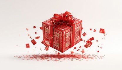 A vibrant red, patterned gift box tied with a matching bow, surrounded by floating confetti