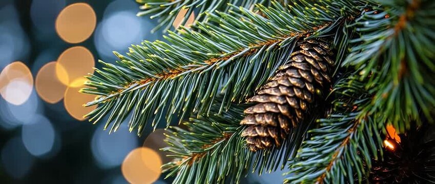 Festive Evergreen Branch with Pine Cone and Bokeh Lights Christmas Holiday Background