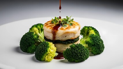 A White Plate Featuring a Gourmet Vegetarian Stack of Grilled Cheese, Spinach, and Steamed Broccoli, Drizzled With Sauce