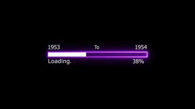 Loading 100 percent complete progress bar digital interface technology modern design white color animation. New year 19753 to 1954 loading animation. Neon bright rectangle frame black background.