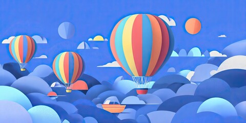 Colorful paper-cut illustration of hot air balloons soaring in a stylized blue sky