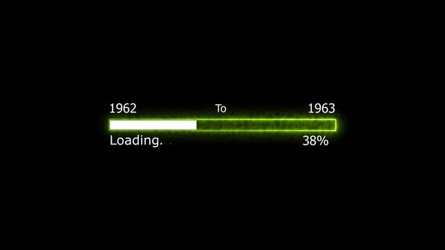 Loading 100 percent complete progress bar digital interface technology modern design white color animation. New year 19762 to 1963 loading animation. Neon bright rectangle frame black background.
