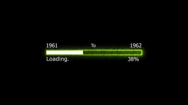 Loading 100 percent complete progress bar digital interface technology modern design white color animation. New year 19761 to 1962 loading animation. Neon bright rectangle frame black background.