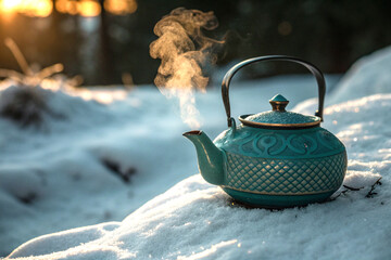 Teal ceramic teapot with rising steam