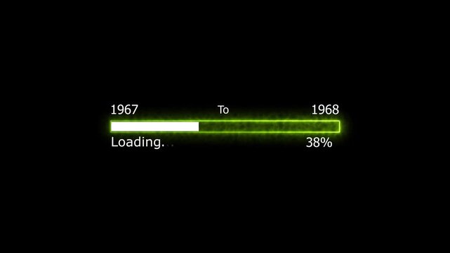 Loading 100 percent complete progress bar digital interface technology modern design white color animation. New year 19767 to 1968 loading animation. Neon bright rectangle frame black background.