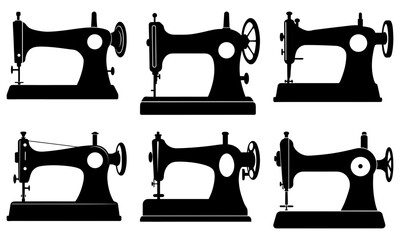 Six Vintage Sewing Machines in Black Silhouette on White Background antique