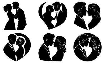 Couple Silhouettes in Various Romantic Poses on White Background love kiss