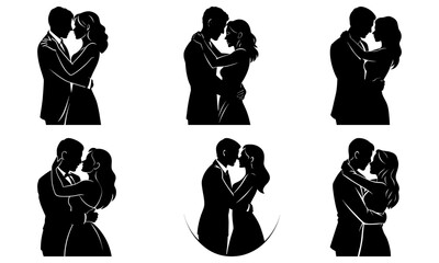 Couple Embracing Silhouette on White Background black