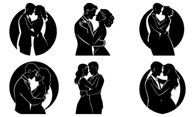 Couple Silhouettes Embracing on White Background black