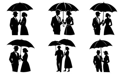 Couples holding umbrellas in vintage style silhouettes on white background black and white