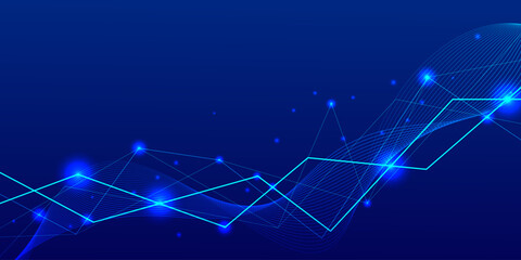 Obraz premium Futuristic technology blue abstract background with connected lines and glowing particles for digital big data network, cyber security concept, and futuristic infrastructure design.