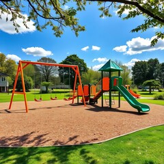 Playground with swings and slides on a sunny day,  sunny, outdoor