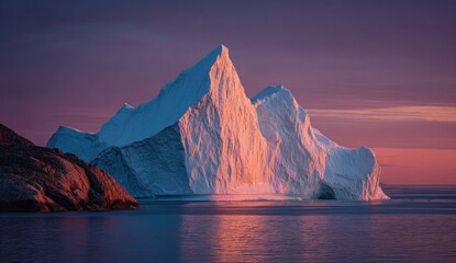 Magnificent iceberg against a sunset sky reflecting in calm ocean waters