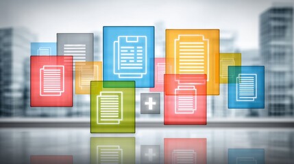 Medical Policy Abstract Layered Documents Displayed With Various Colors and Shapes in a City Office Setting