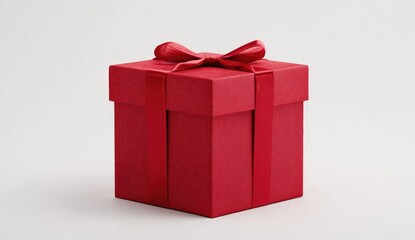 Obraz premium A square, red, present box tied with a matching ribbon and bow against a white backdrop