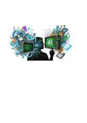 Prompt Playground Silhouette of Person Using AI Technology with Retro Computing Nostalgia and Future Tech Creativity Concept Vector