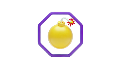 Cartoon bomb in a purple octagon frame